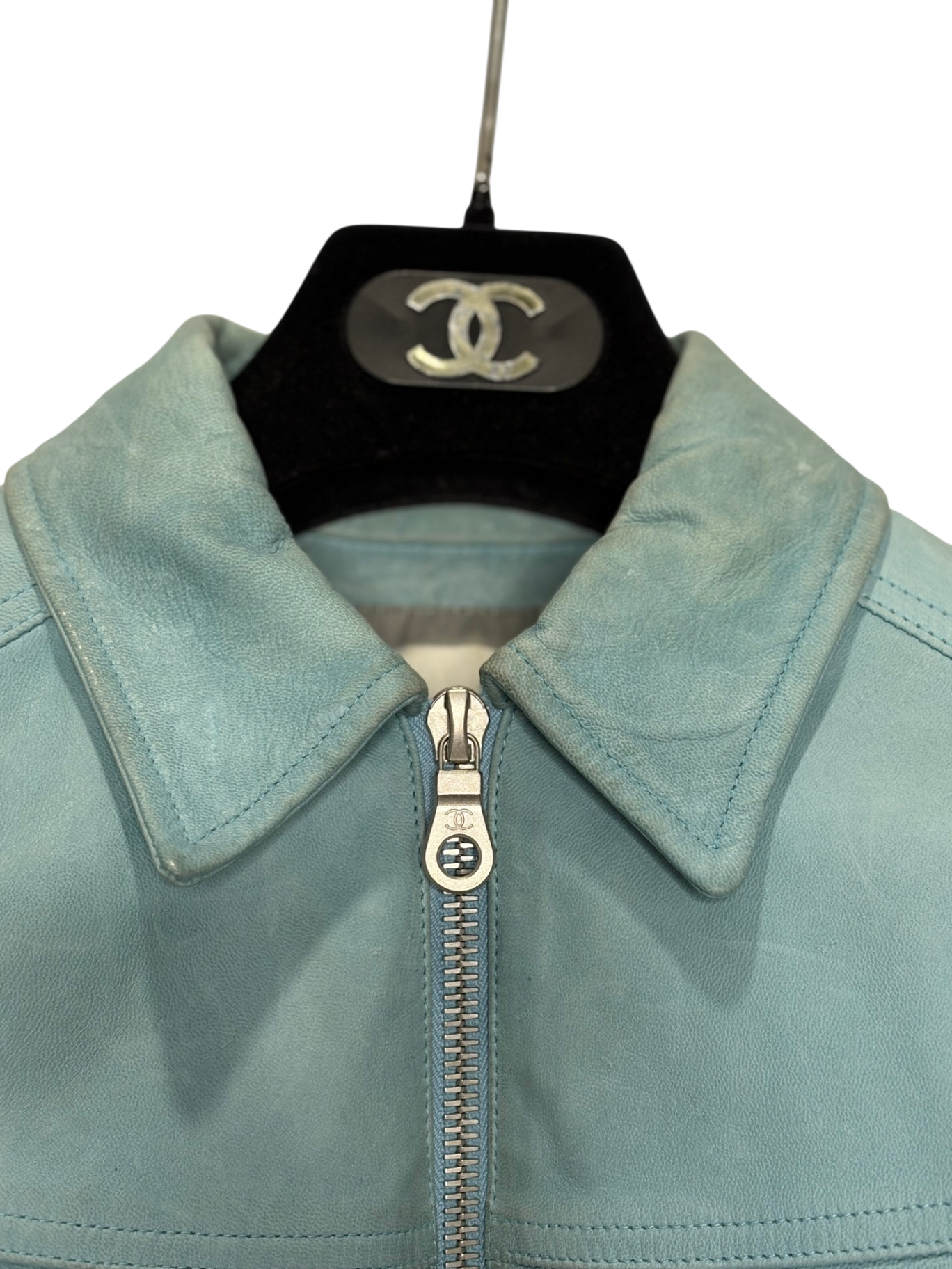 CHANEL Vintage Washed Aqua Leather Jacket