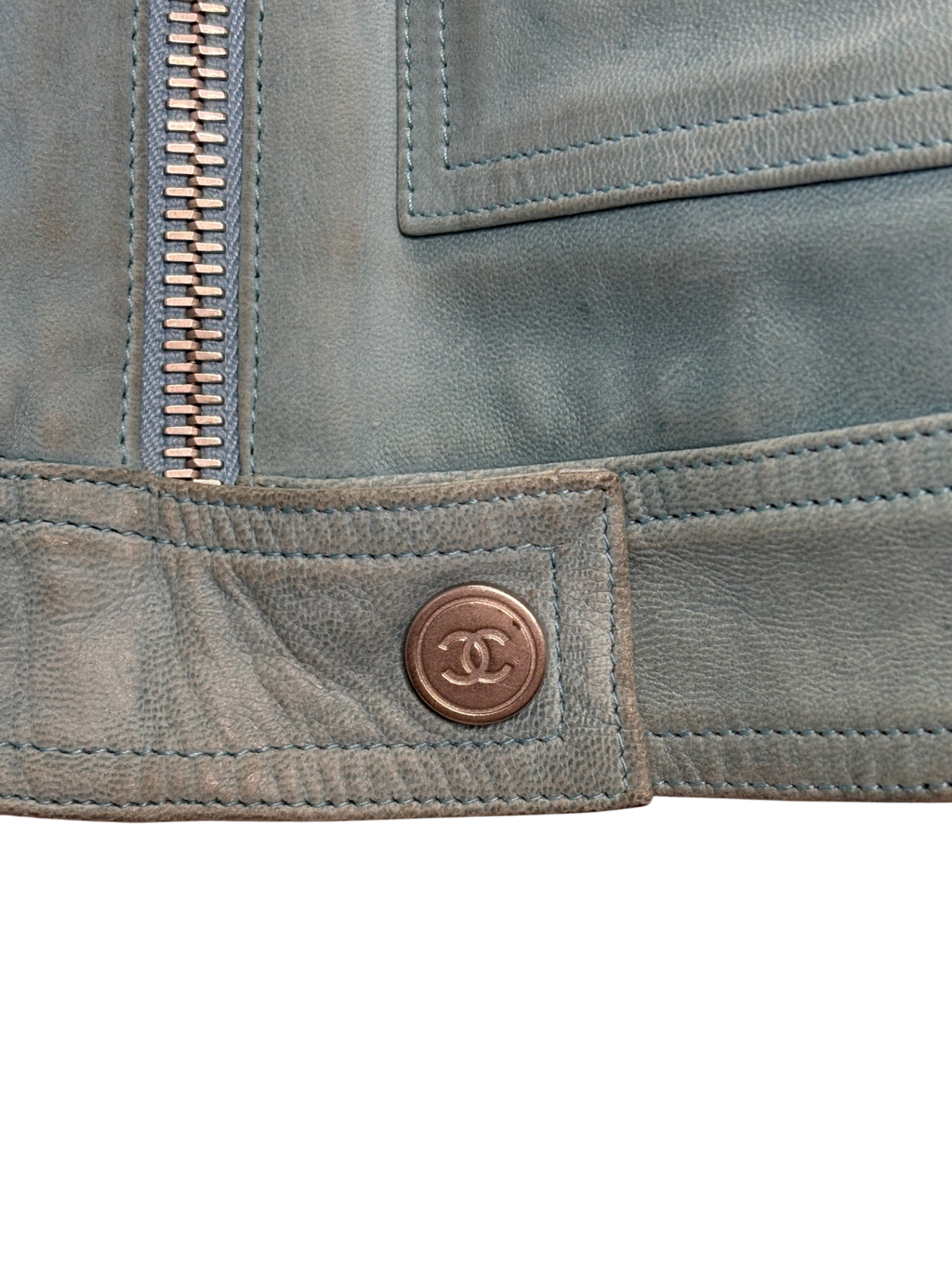 CHANEL Vintage Washed Aqua Leather Jacket