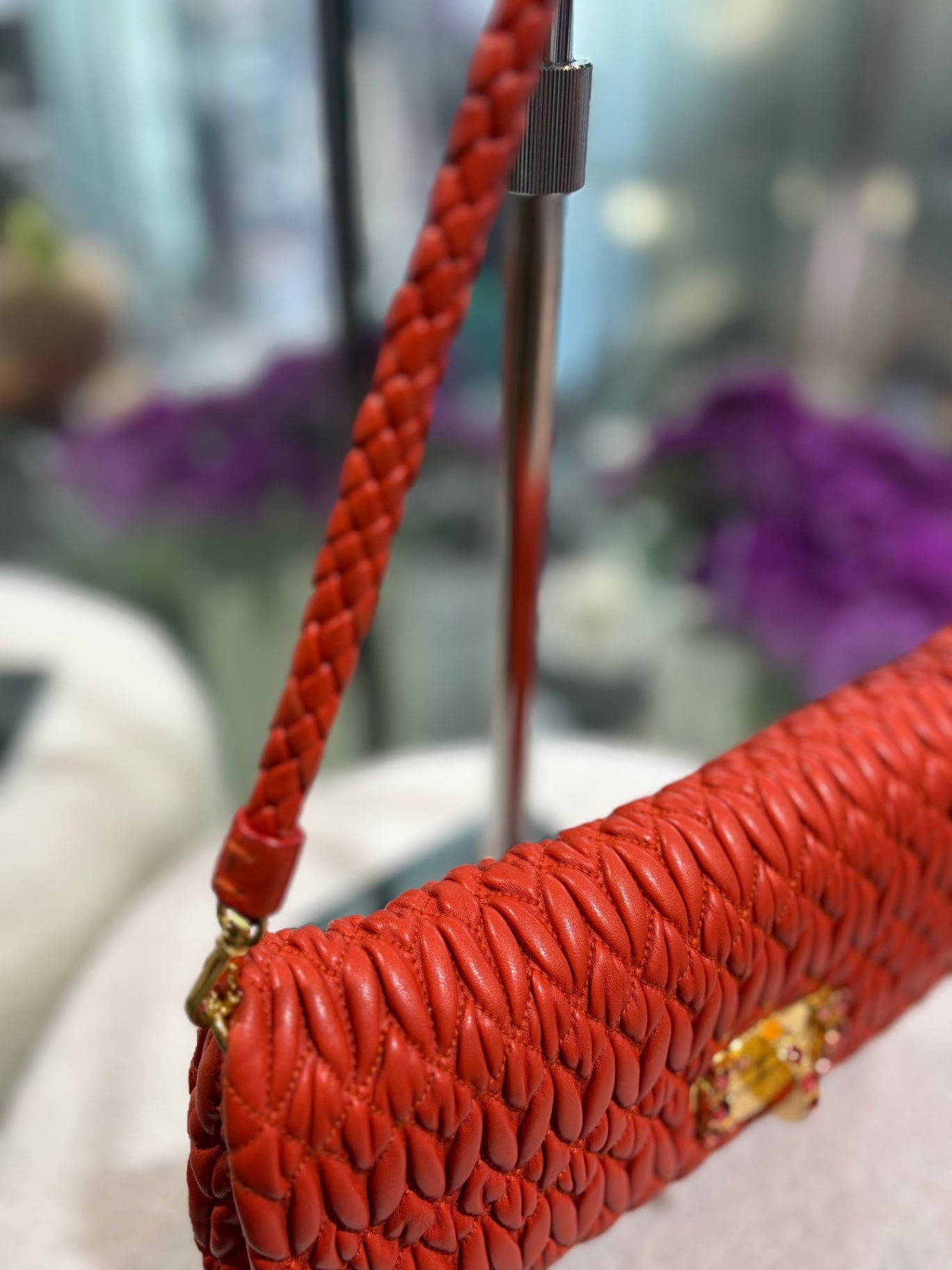 Miu Miu Coral Red Matelassé Bag with Crystal Strap
