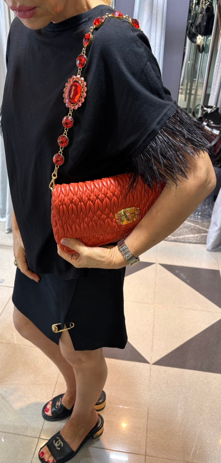 Miu Miu Coral Red Matelassé Bag with Crystal Strap