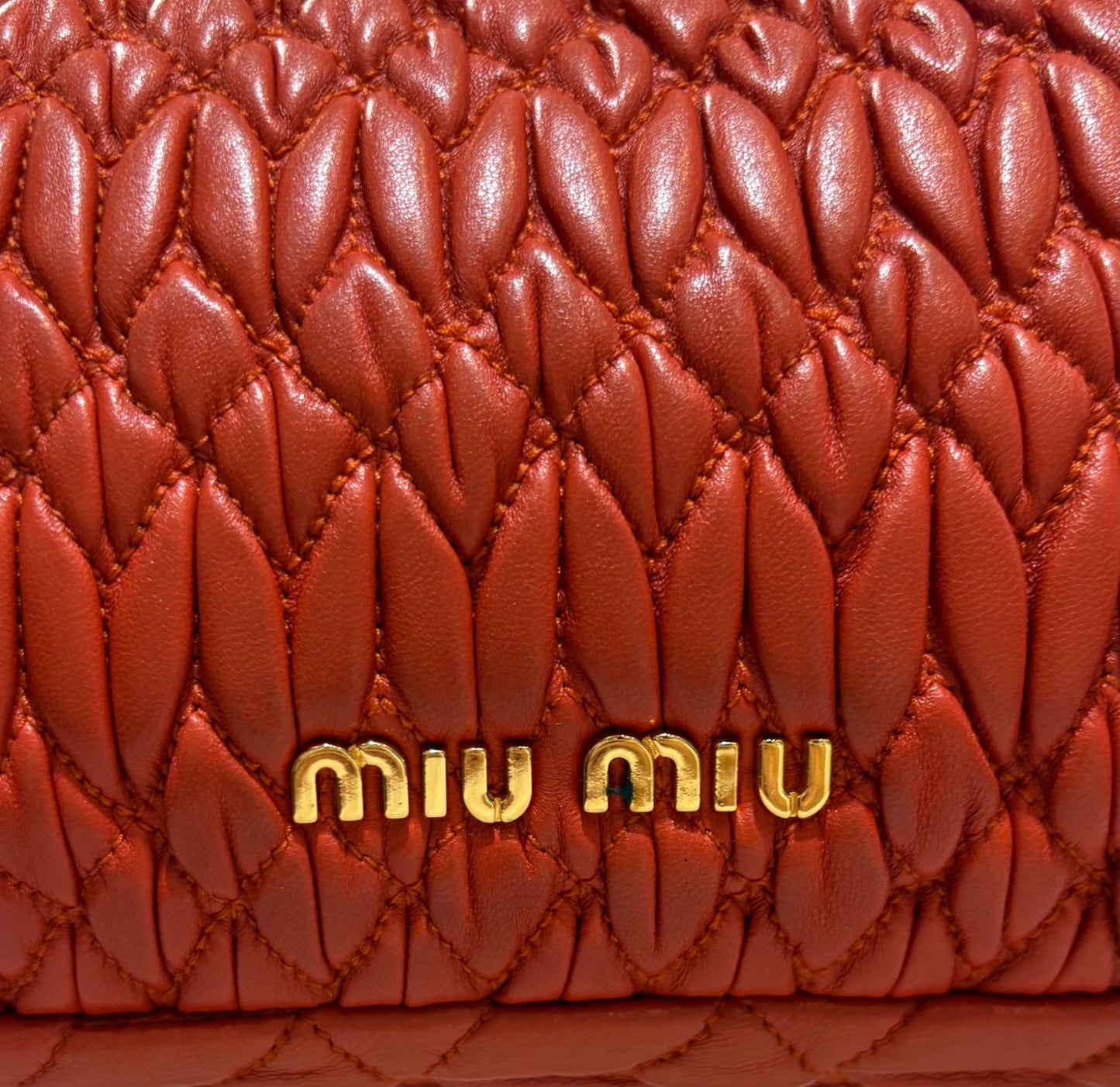 Miu Miu Coral Red Matelassé Bag with Crystal Strap