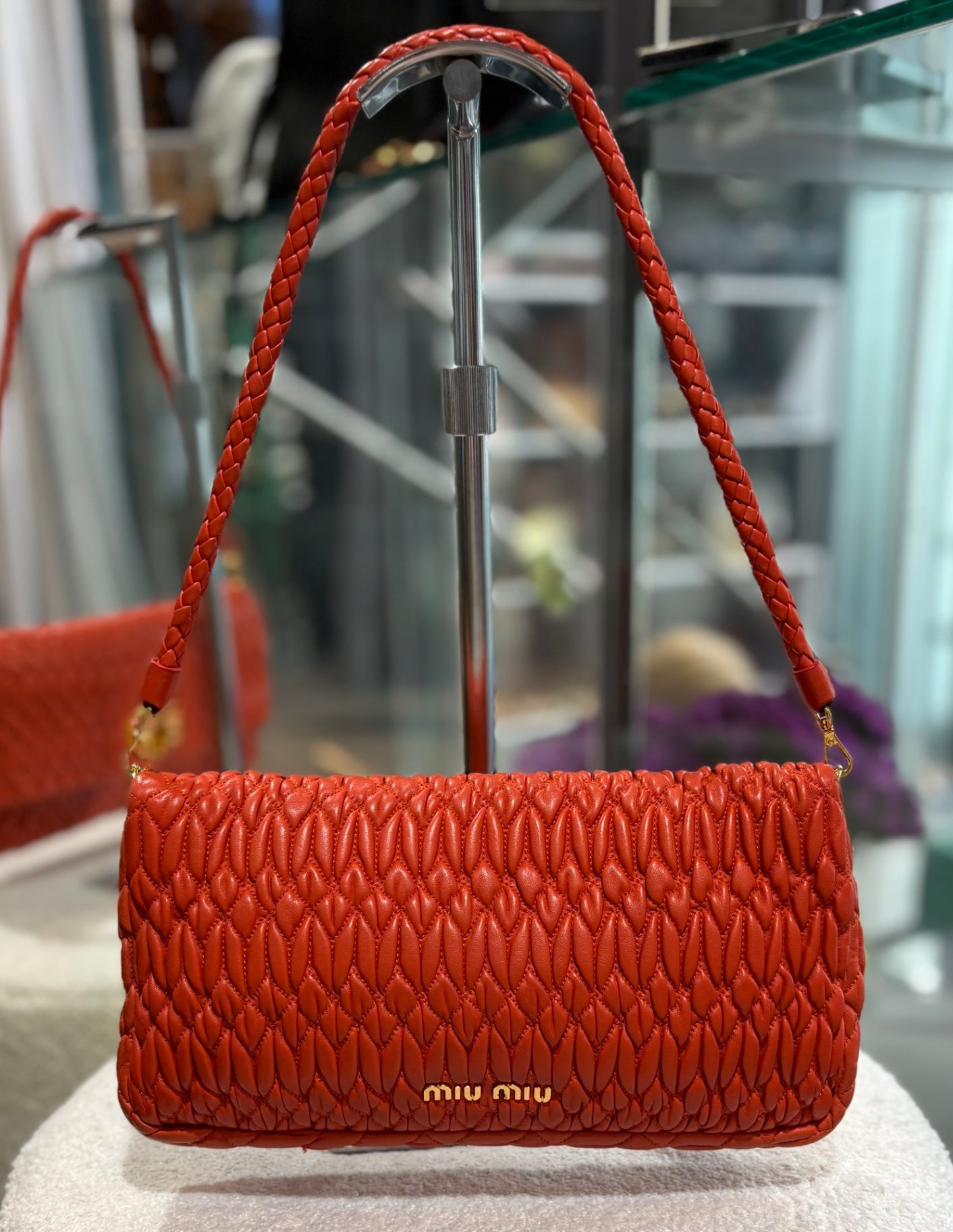 Miu Miu Coral Red Matelassé Bag with Crystal Strap