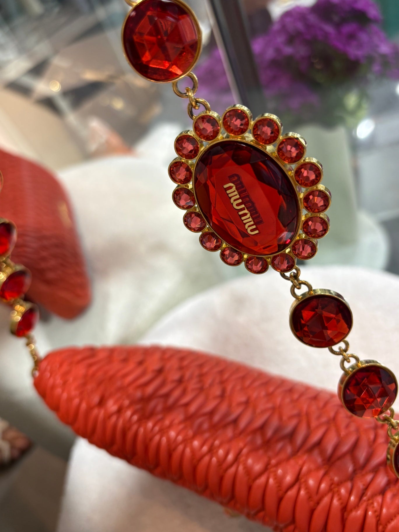 Miu Miu Coral Red Matelassé Bag with Crystal Strap