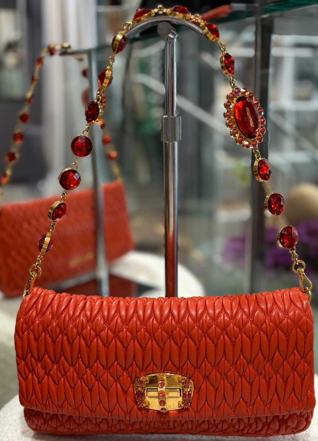 Miu Miu Coral Red Matelassé Bag with Crystal Strap