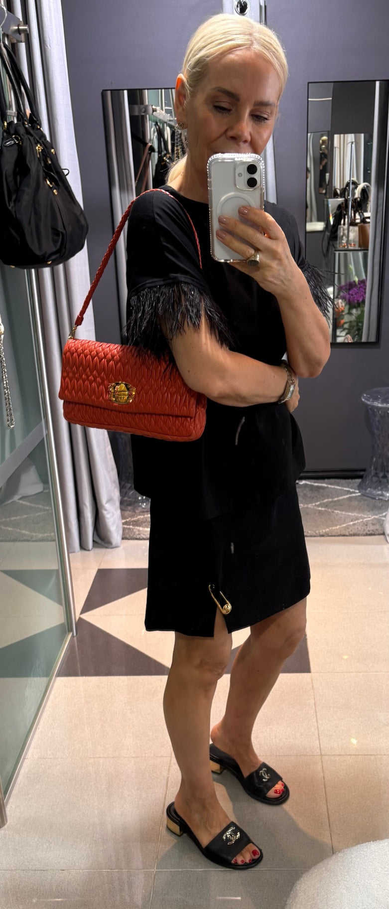 Miu Miu Coral Red Matelassé Bag with Crystal Strap