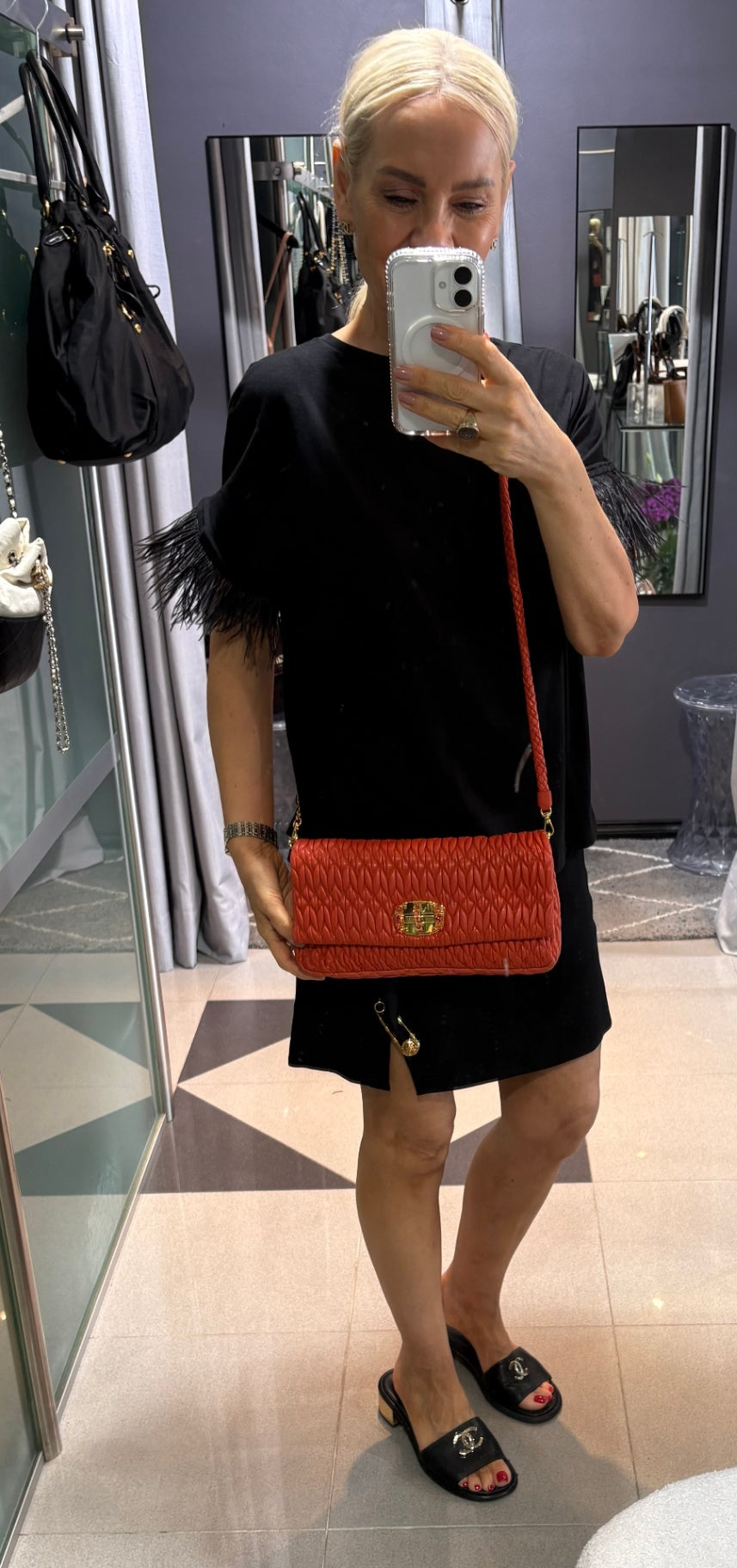 Miu Miu Coral Red Matelassé Bag with Crystal Strap