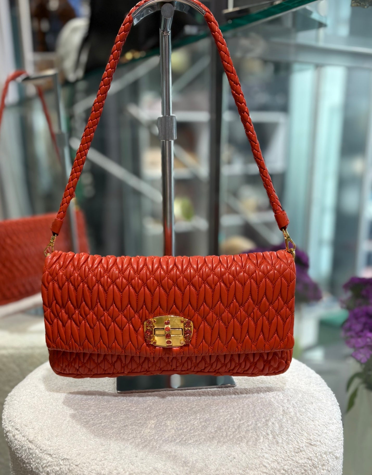 Miu Miu Coral Red Matelassé Bag with Crystal Strap