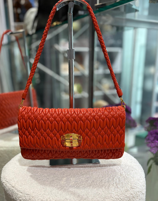 Miu Miu Coral Red Matelassé Bag with Crystal Strap
