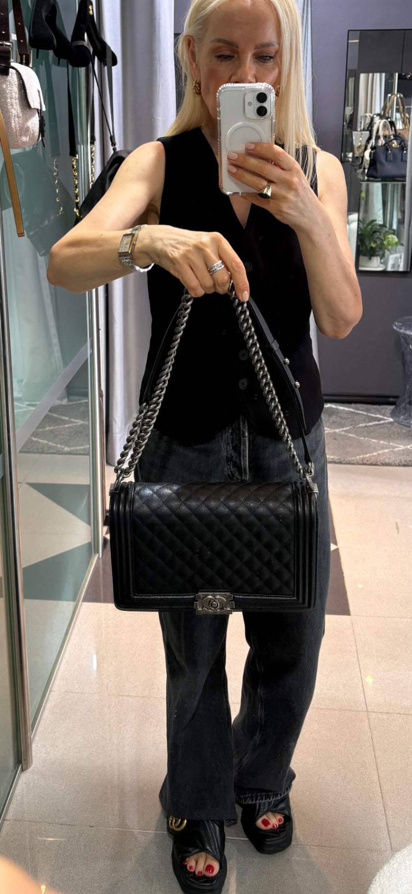 CHANEL BOY Black Caviar Leather  - Large