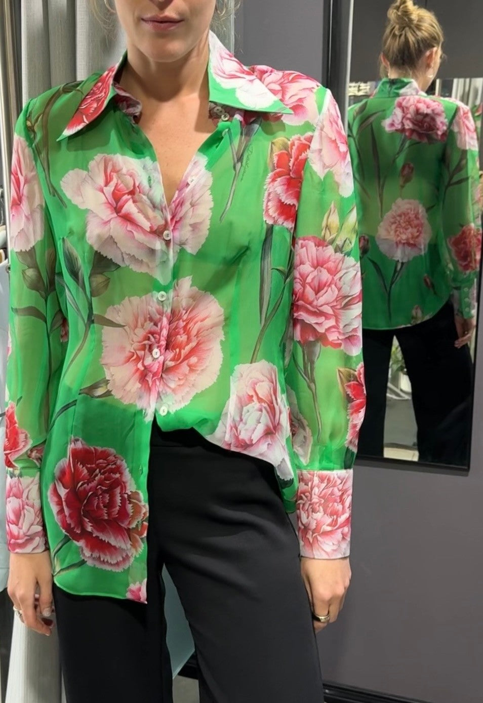 DOLCE & GABBANA Green/pink floral silk blouse: 44