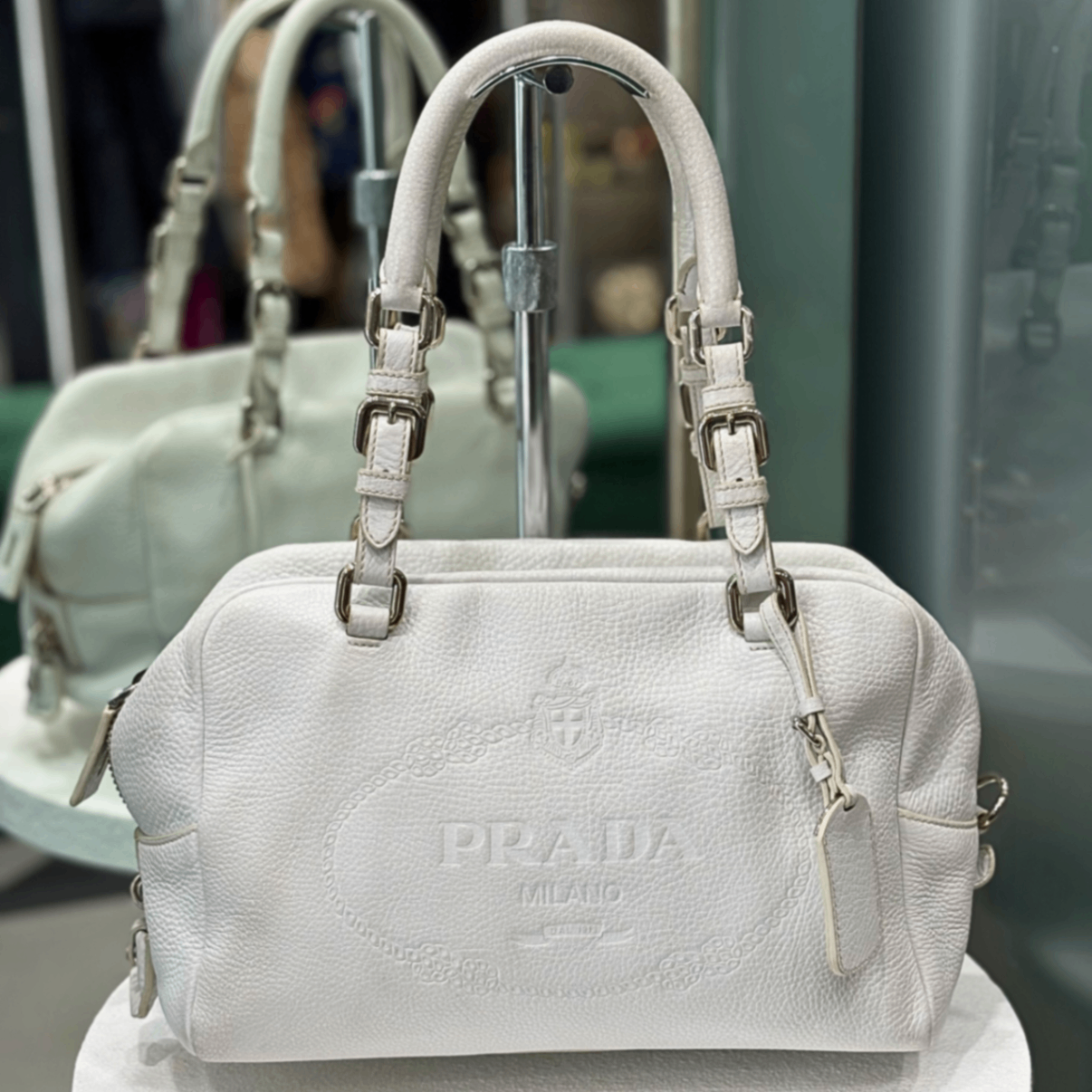 PRADA White Vitello Daino Leather Bowler Bag