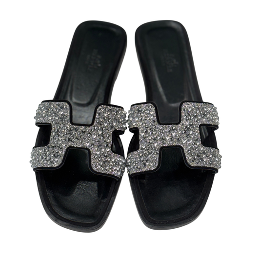 HERMES Oran Crystal Embellished Sandals Size 37.5