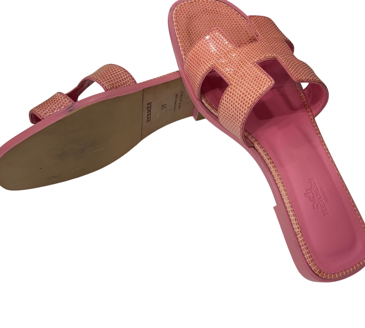 HERMES ORAN  Pink Glossy Oran Lizard Sandals Size 38