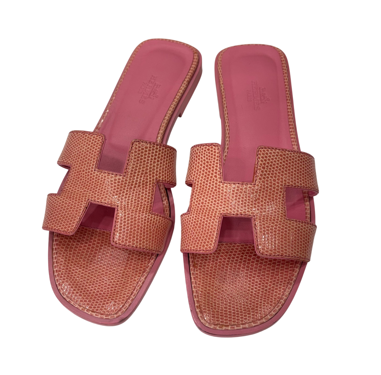 HERMES ORAN  Pink Glossy Oran Lizard Sandals Size 38
