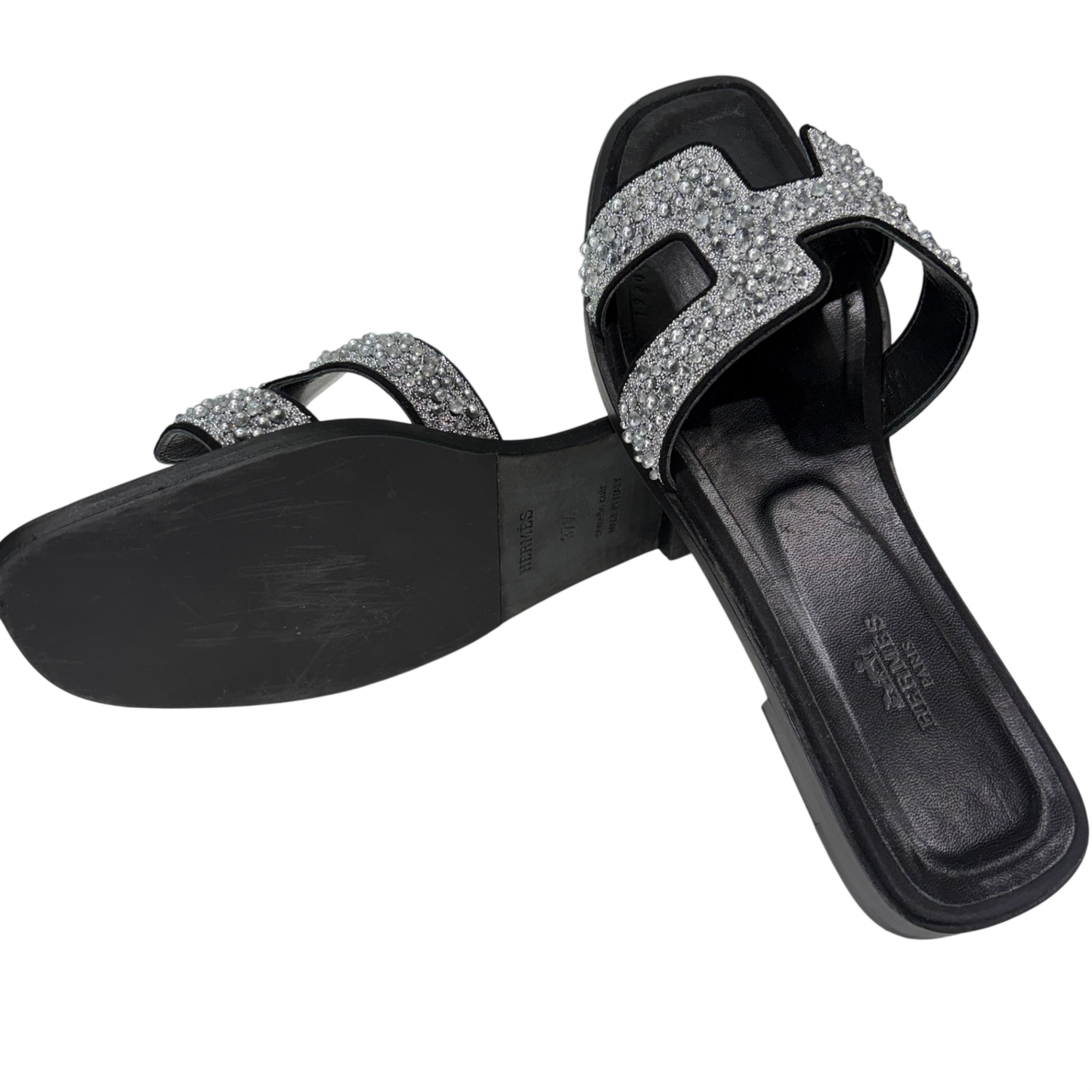 HERMES Oran Crystal Embellished Sandals Size 37.5
