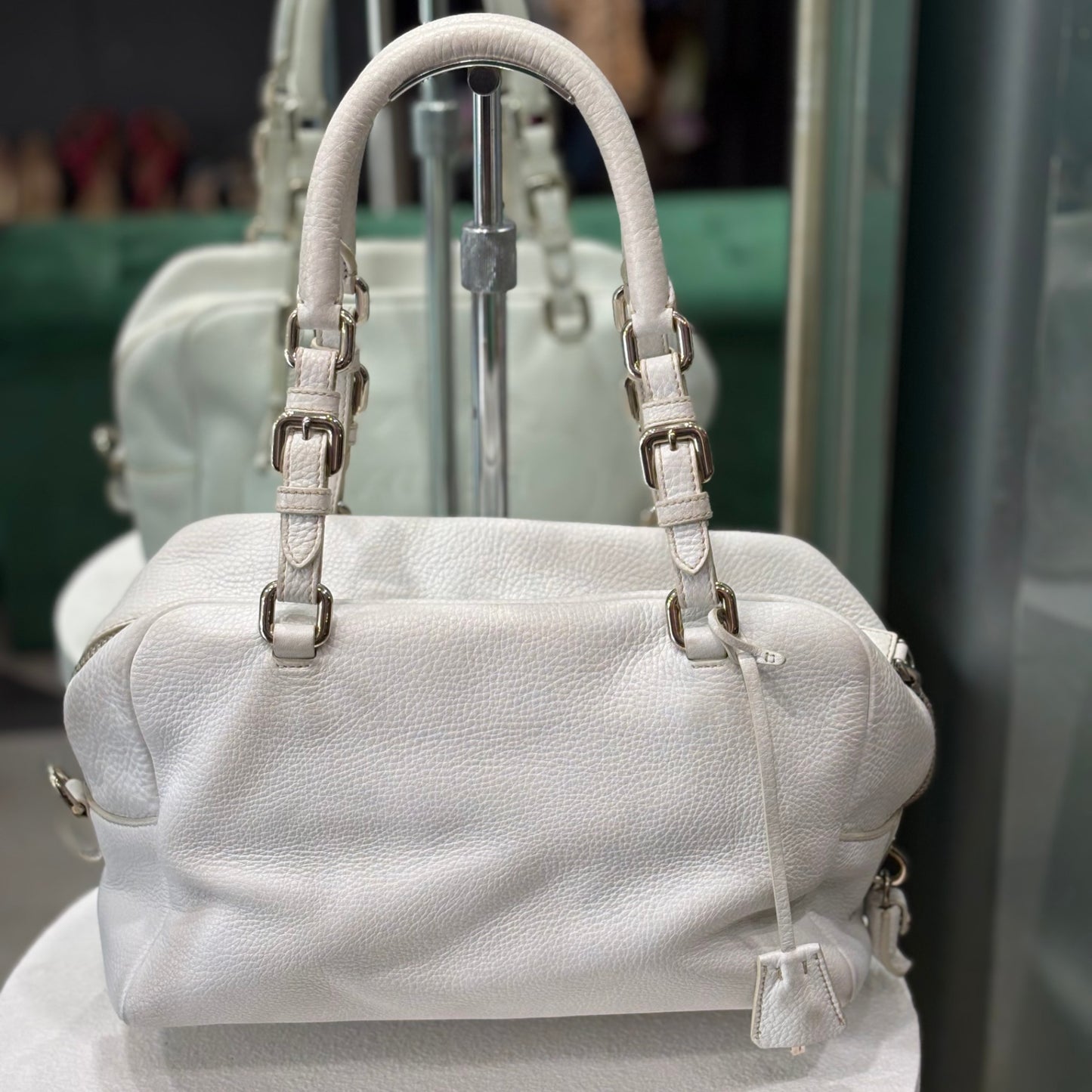 PRADA White Vitello Daino Leather Bowler Bag