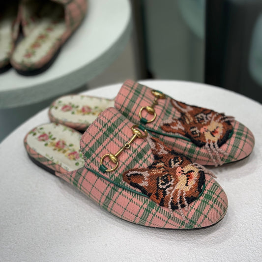 GUCCI Garden Princetown Tweed Mules with Cat Size 