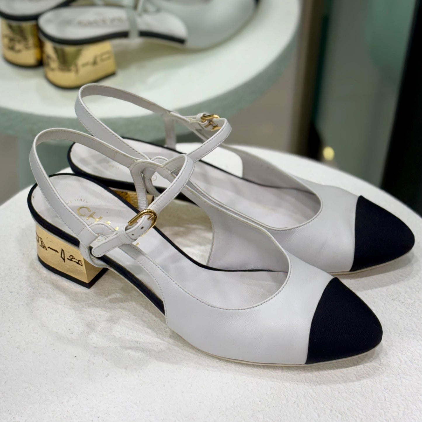 CHANEL Slingback White and Black Heels Size 40