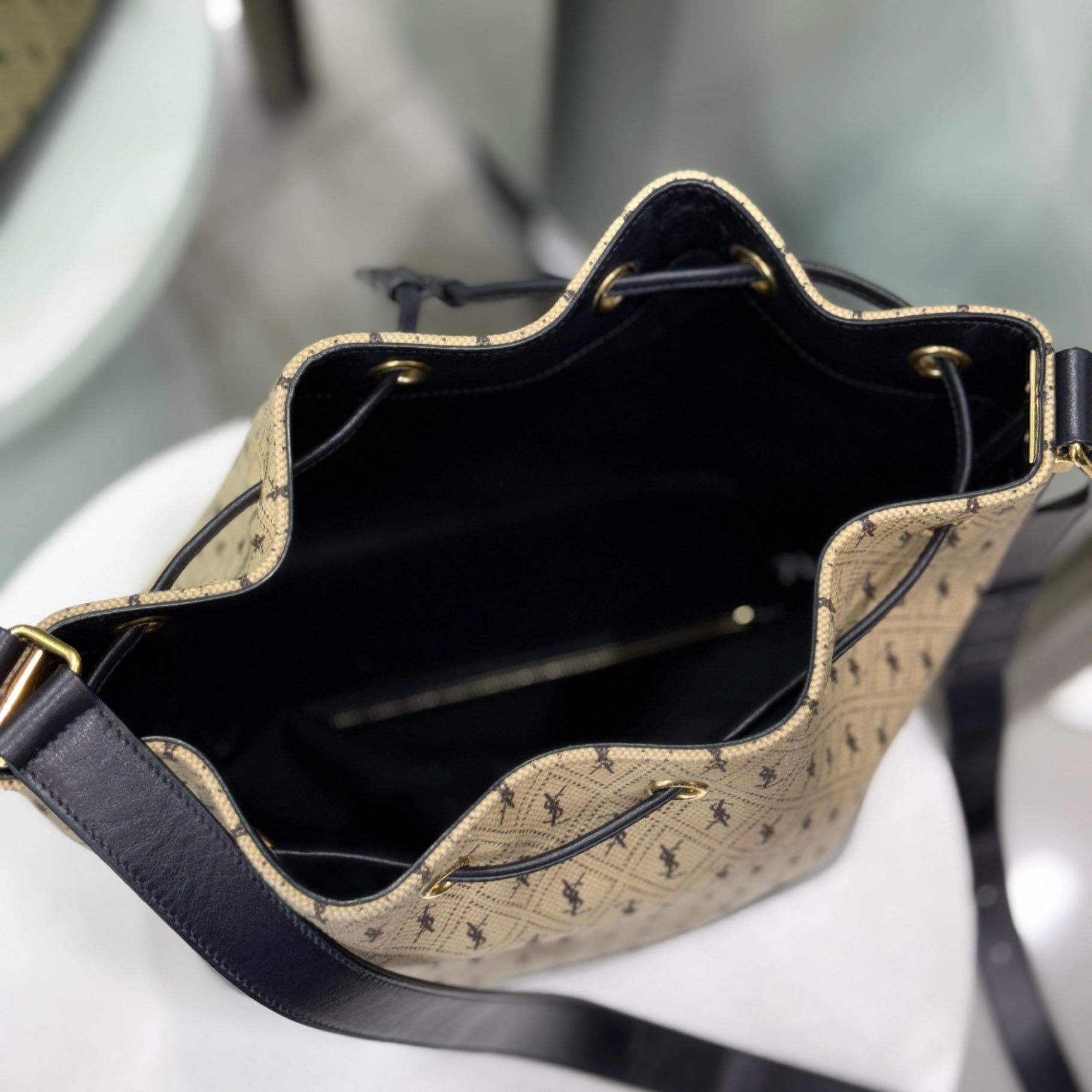 SAINT LAURENT Beige Logo Bucket Bag