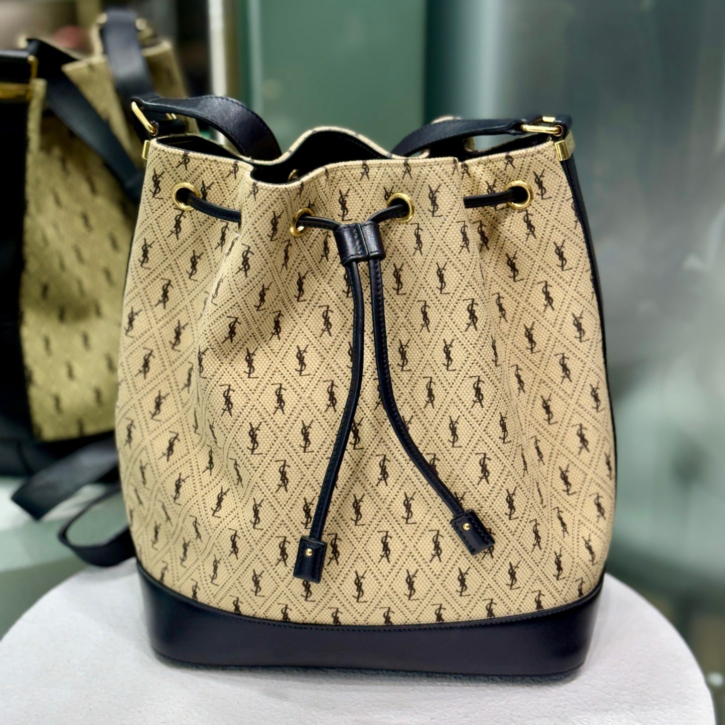 SAINT LAURENT Beige Logo Bucket Bag