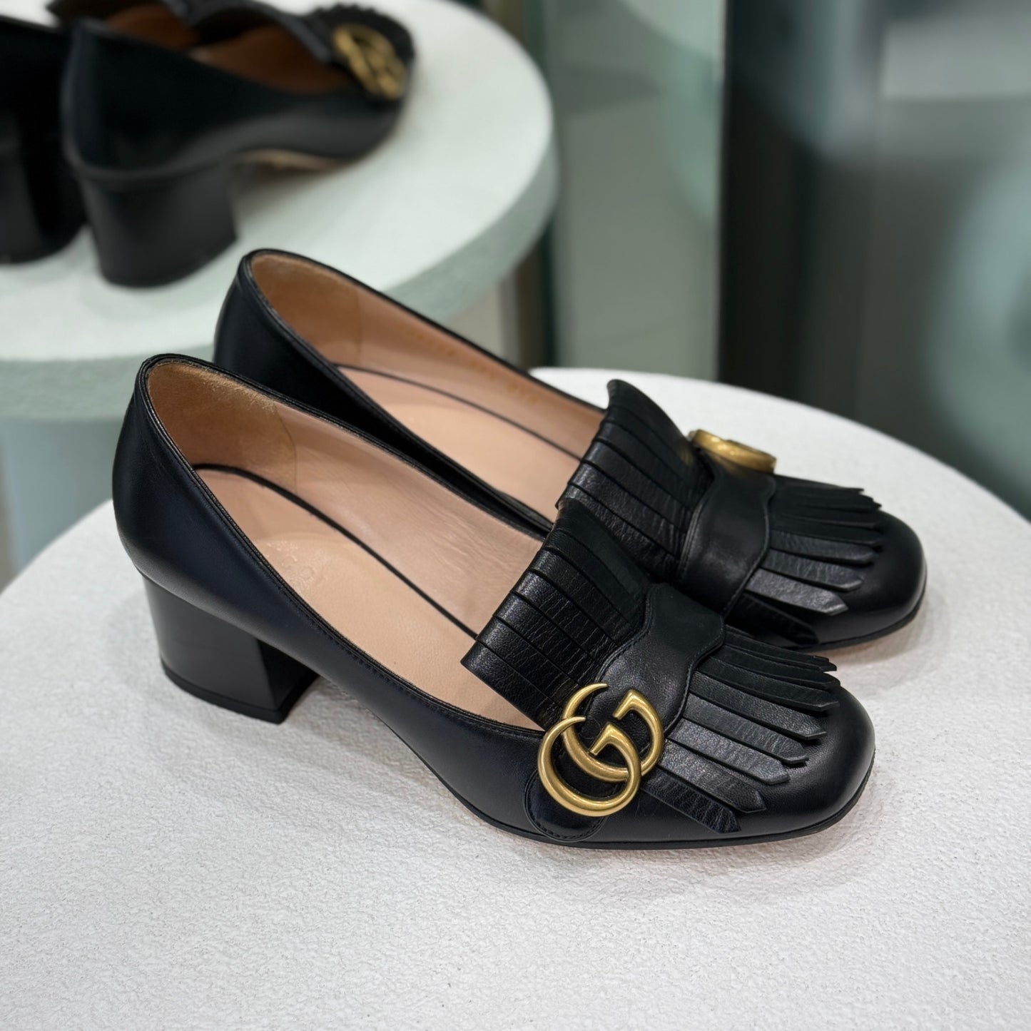 GUCCI Logo Blk Heeled Loafers Size 37.5
