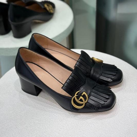 GUCCI Logo Blk Heeled Loafers Size 37.5