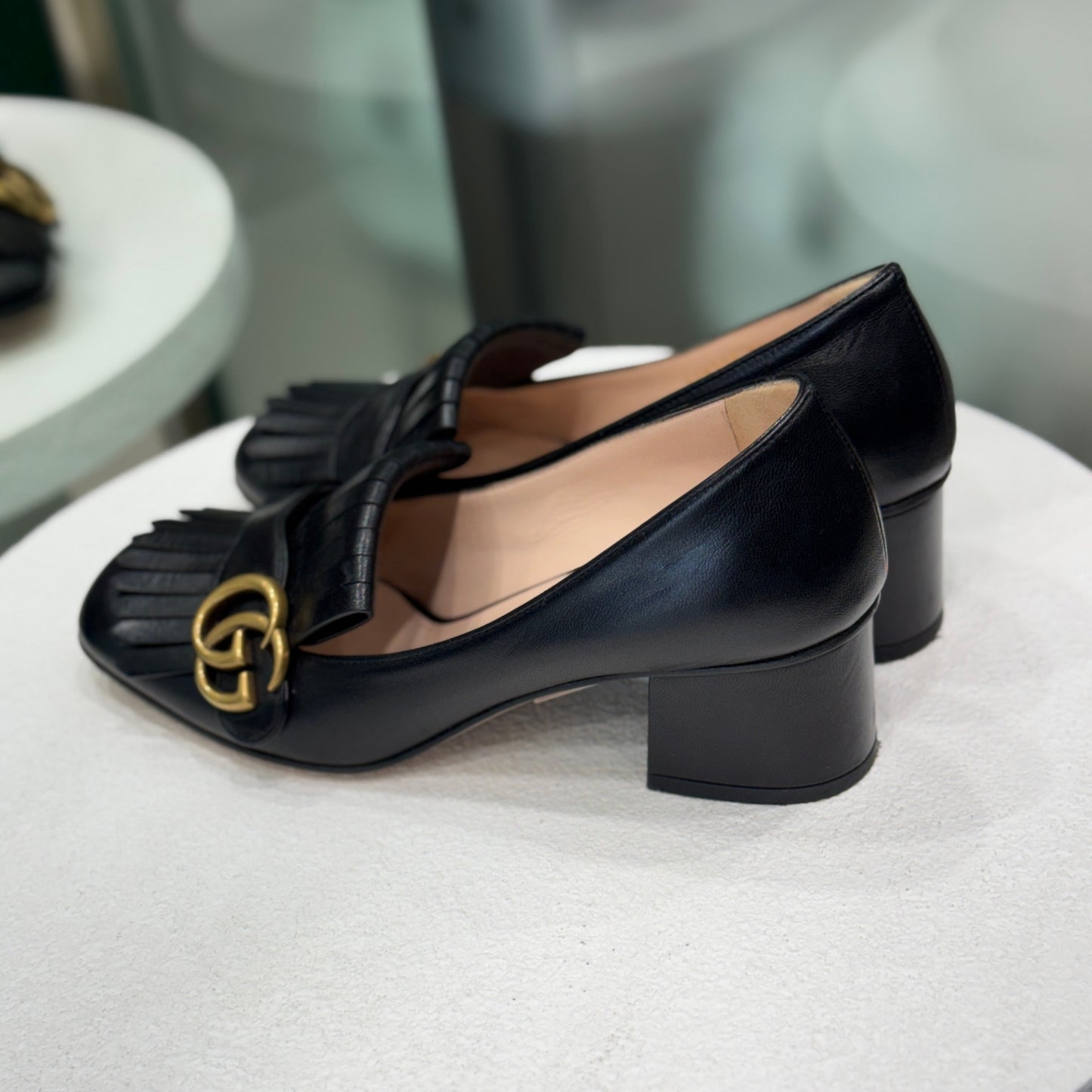 GUCCI Logo Blk Heeled Loafers Size 37.5
