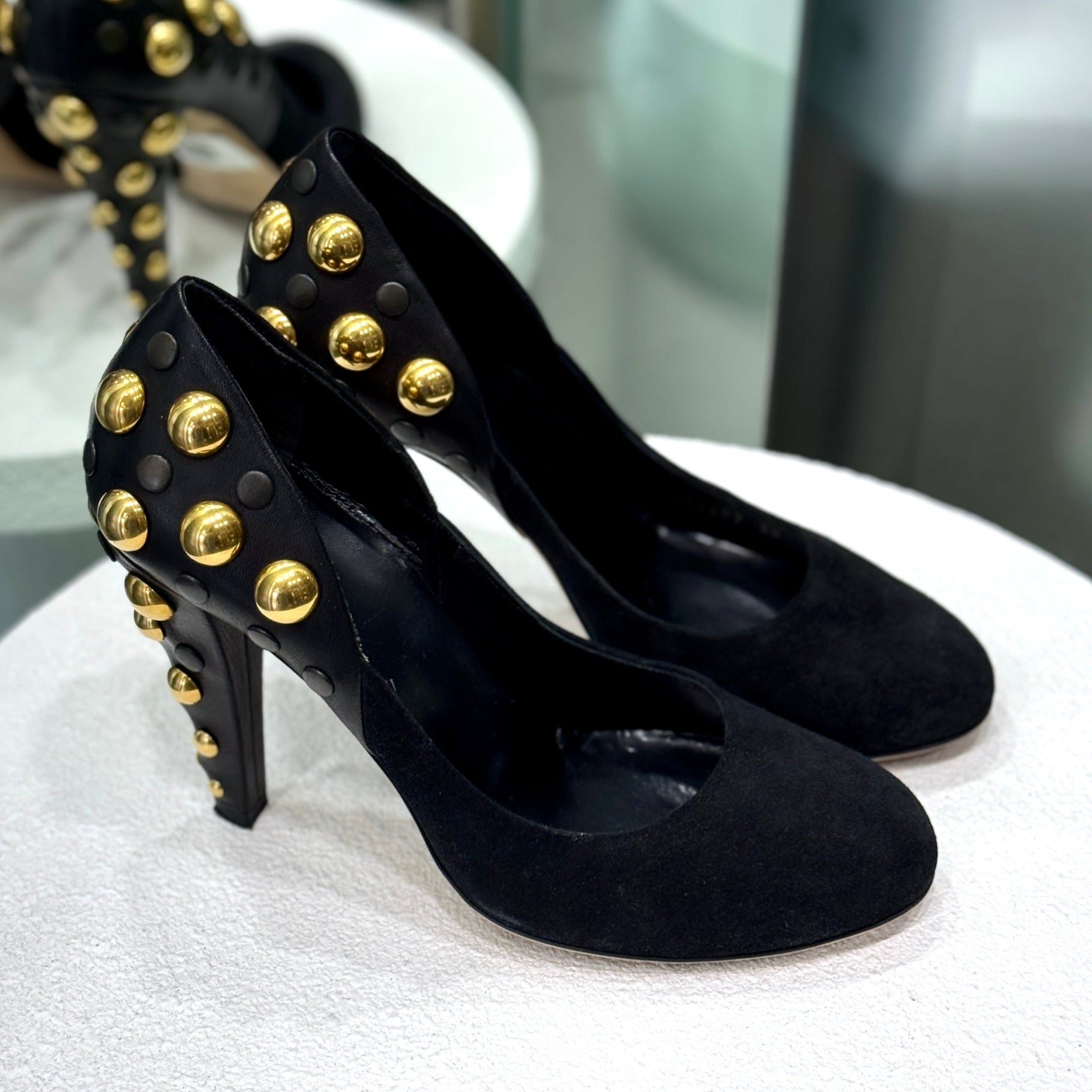 GUCCI Black Suede Studded Heels Size 38