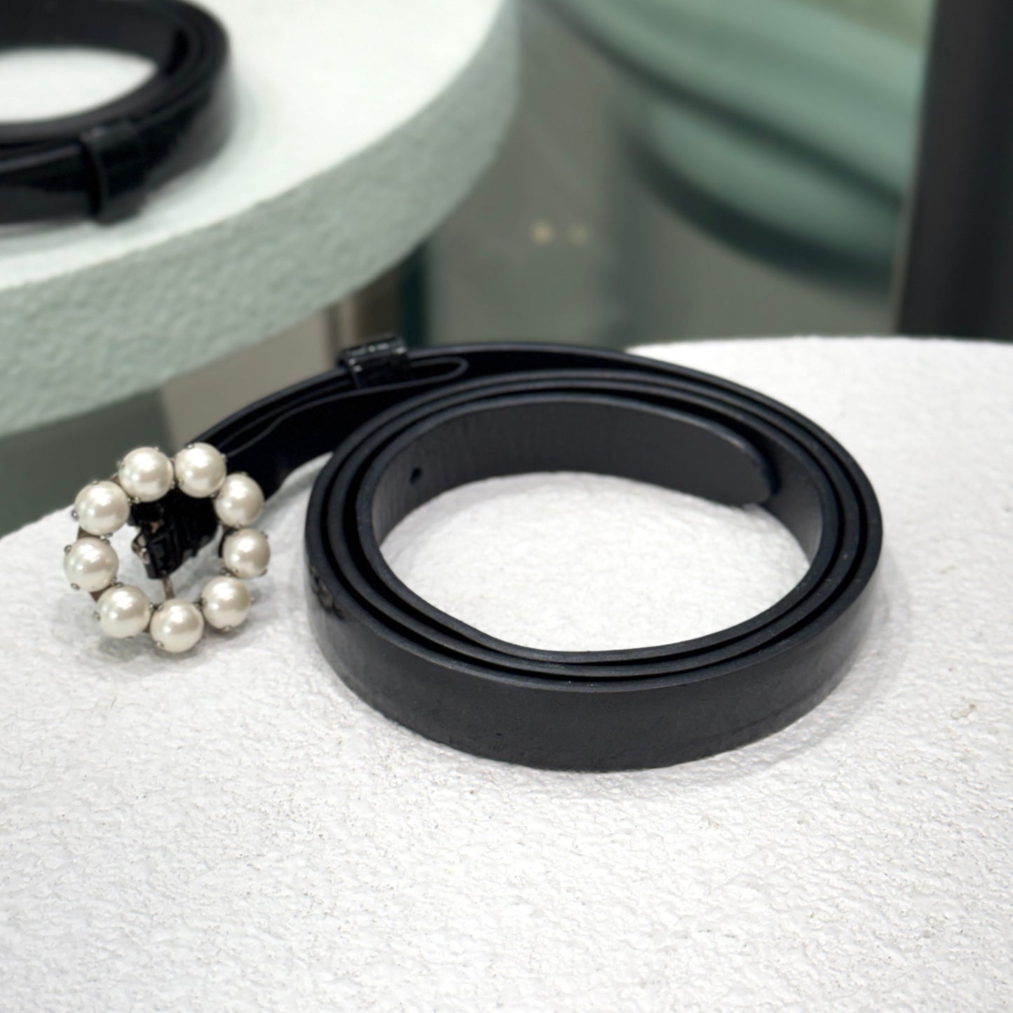 MIU MIU Black Patent Belt with Pearl Flower Buckle