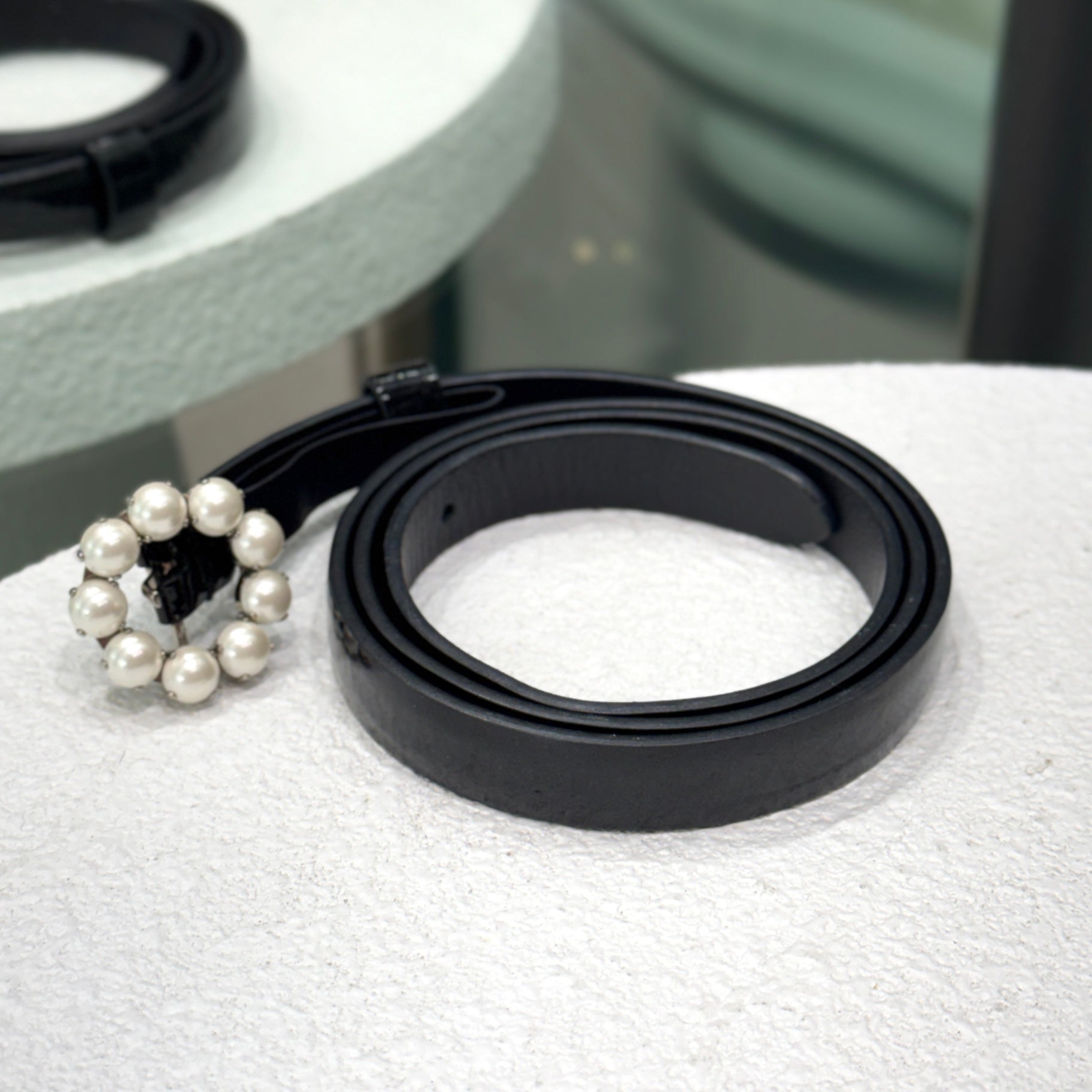 MIU MIU Black Patent Belt with Pearl Flower Buckle