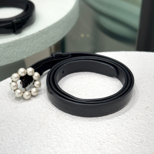 MIU MIU Black Patent Belt with Pearl Flower Buckle