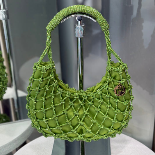 ROSANTICA NODI Beaded Mini Bag – Green Crystal Mesh