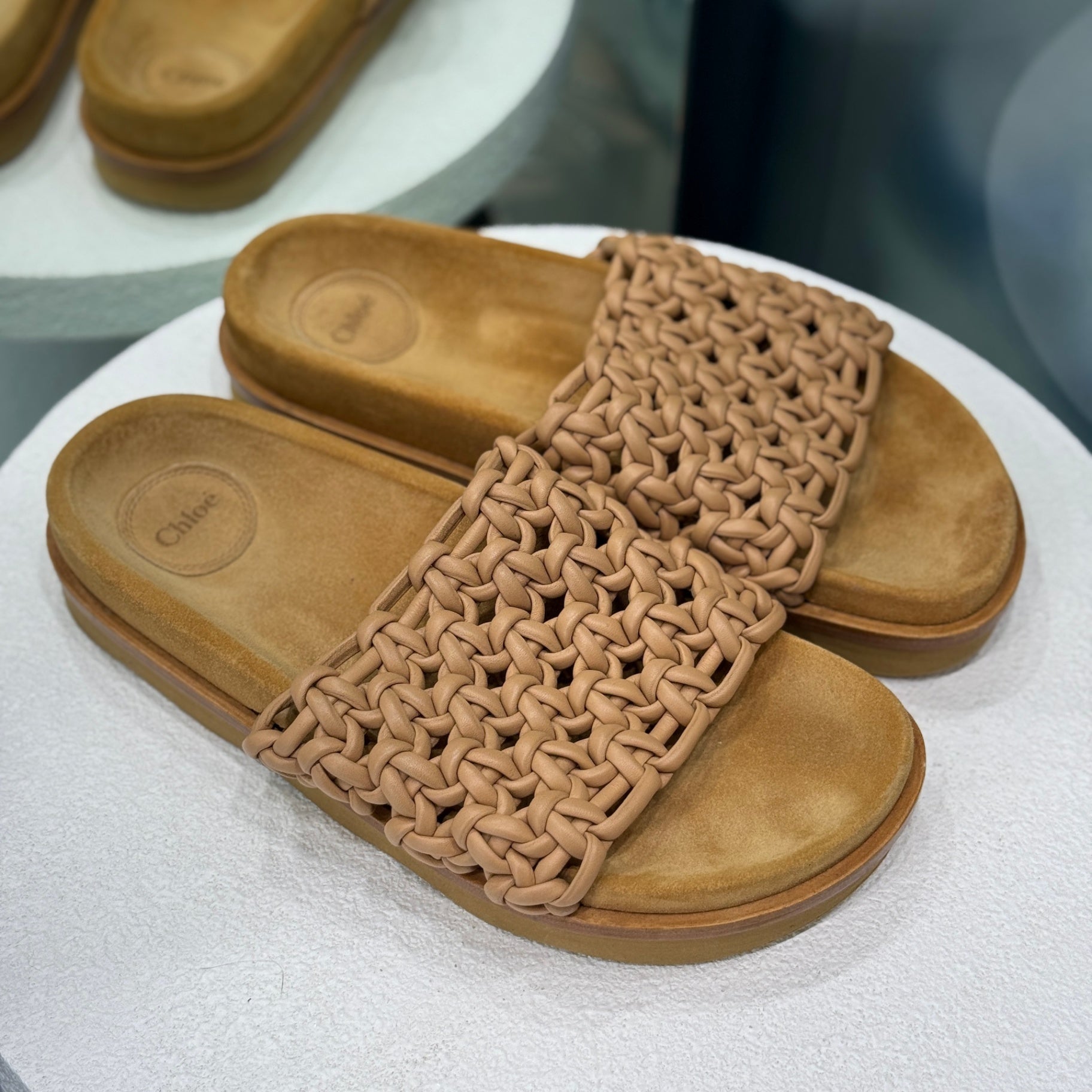 CHLOE Tan Woven Slides Size 40