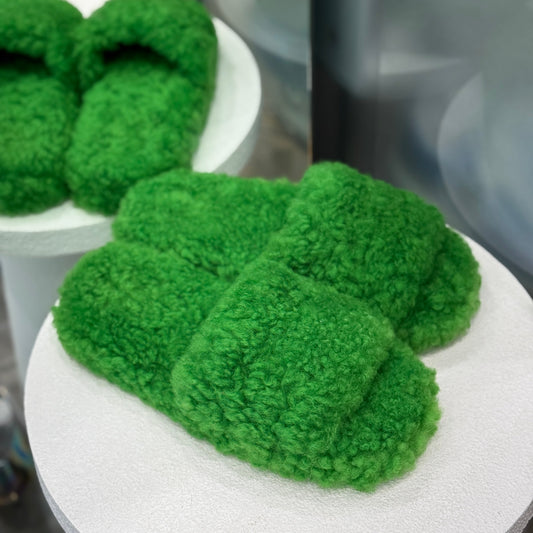 BOTTEGA VENETA Green Resort Slipper Teddy Shearling Size 40