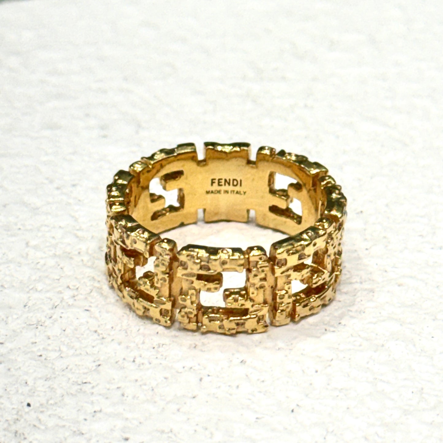 FENDI Gold-Tone FF Logo Ring Size L 