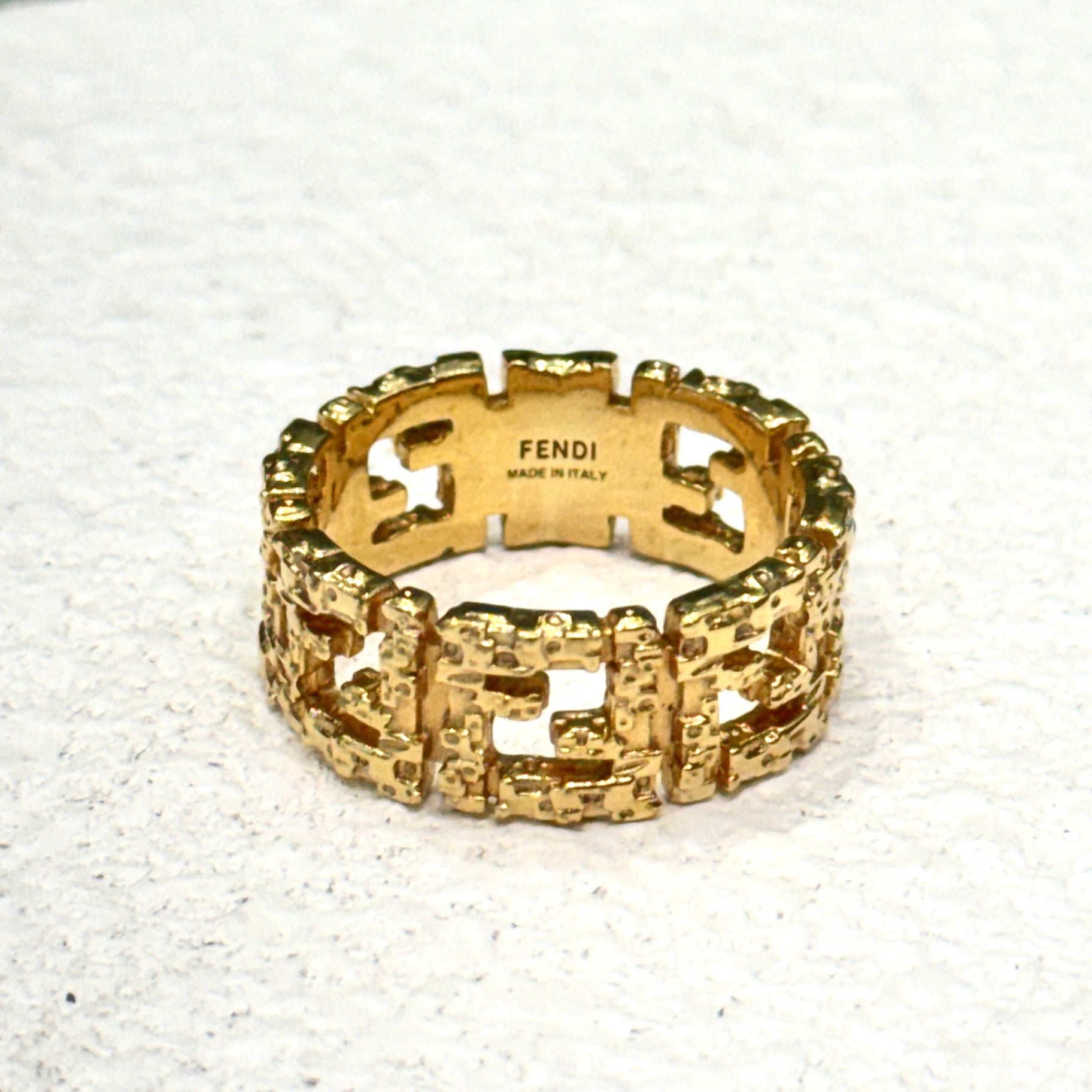 FENDI Gold-Tone FF Logo Ring Size L 