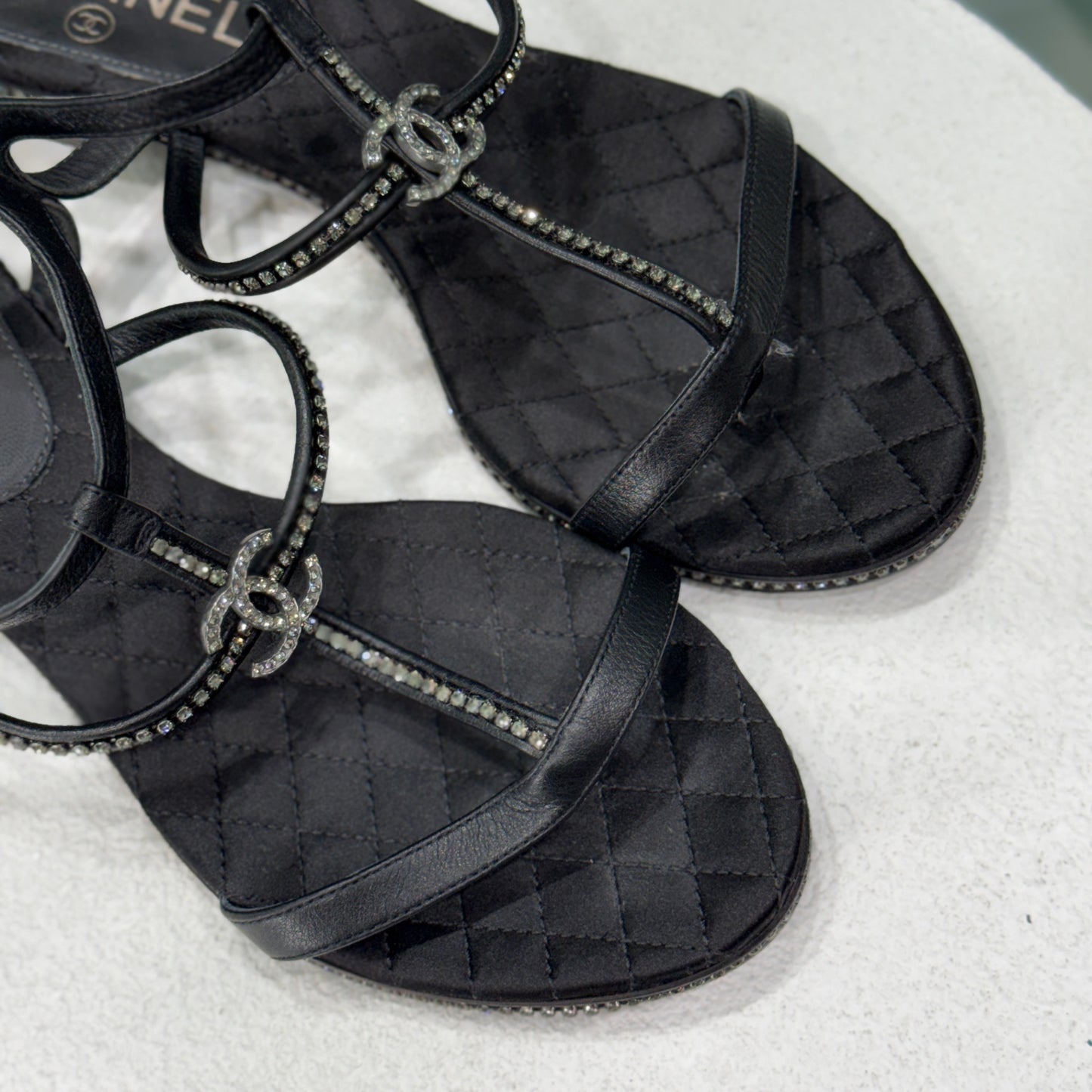 CHANEL Crystal Black Heeled Sandals Sz 38.5