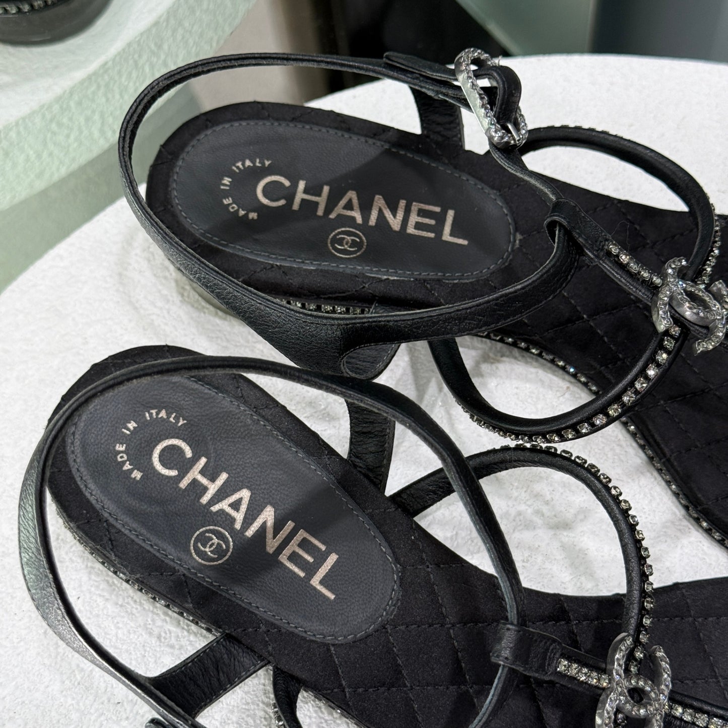 CHANEL Crystal Black Heeled Sandals Sz 38.5