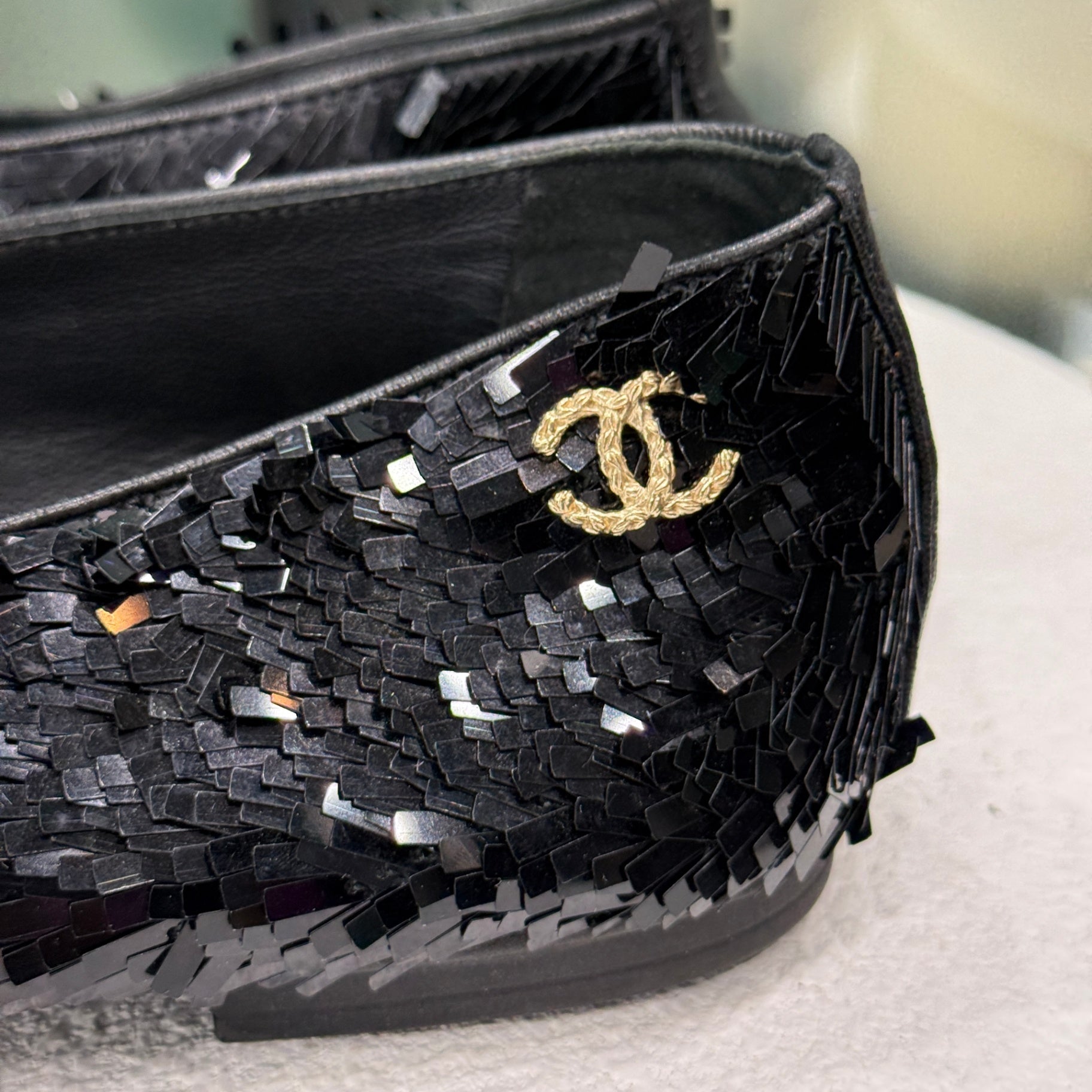 CHANEL Black CC Logo Sequin Flats Sz 41