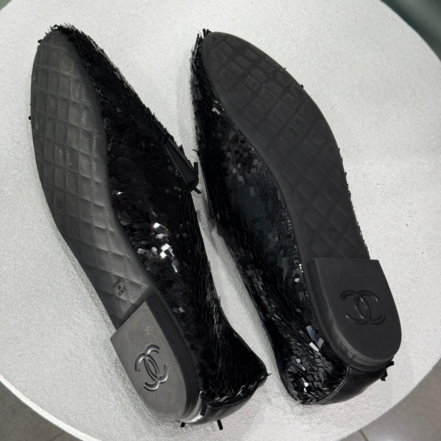 CHANEL Black CC Logo Sequin Flats Sz 41