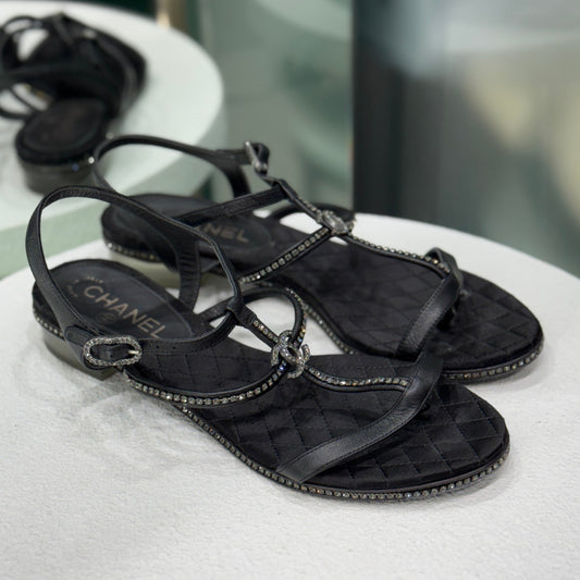 CHANEL Crystal Black Heeled Sandals Sz 38.5