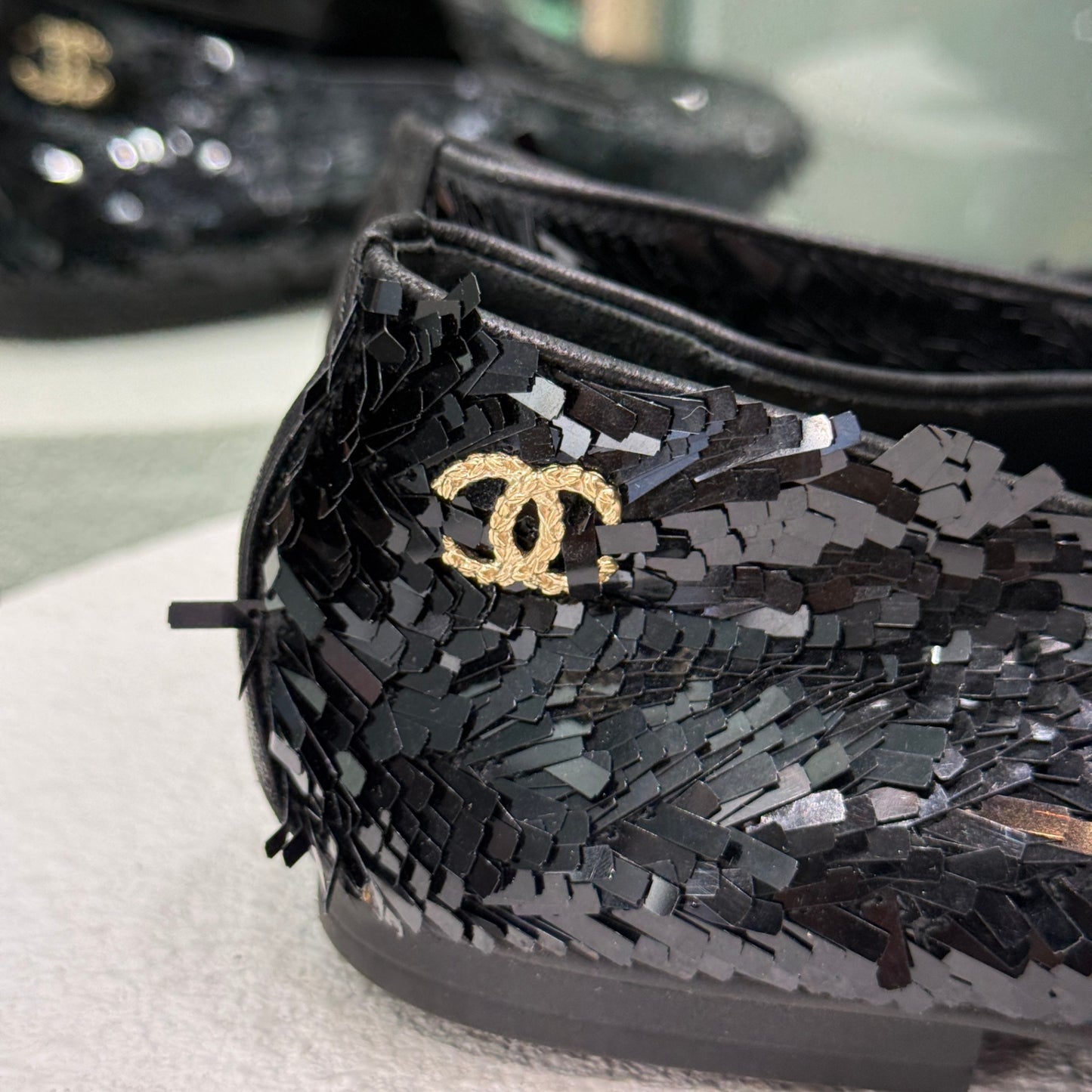 CHANEL Black CC Logo Sequin Flats Sz 41