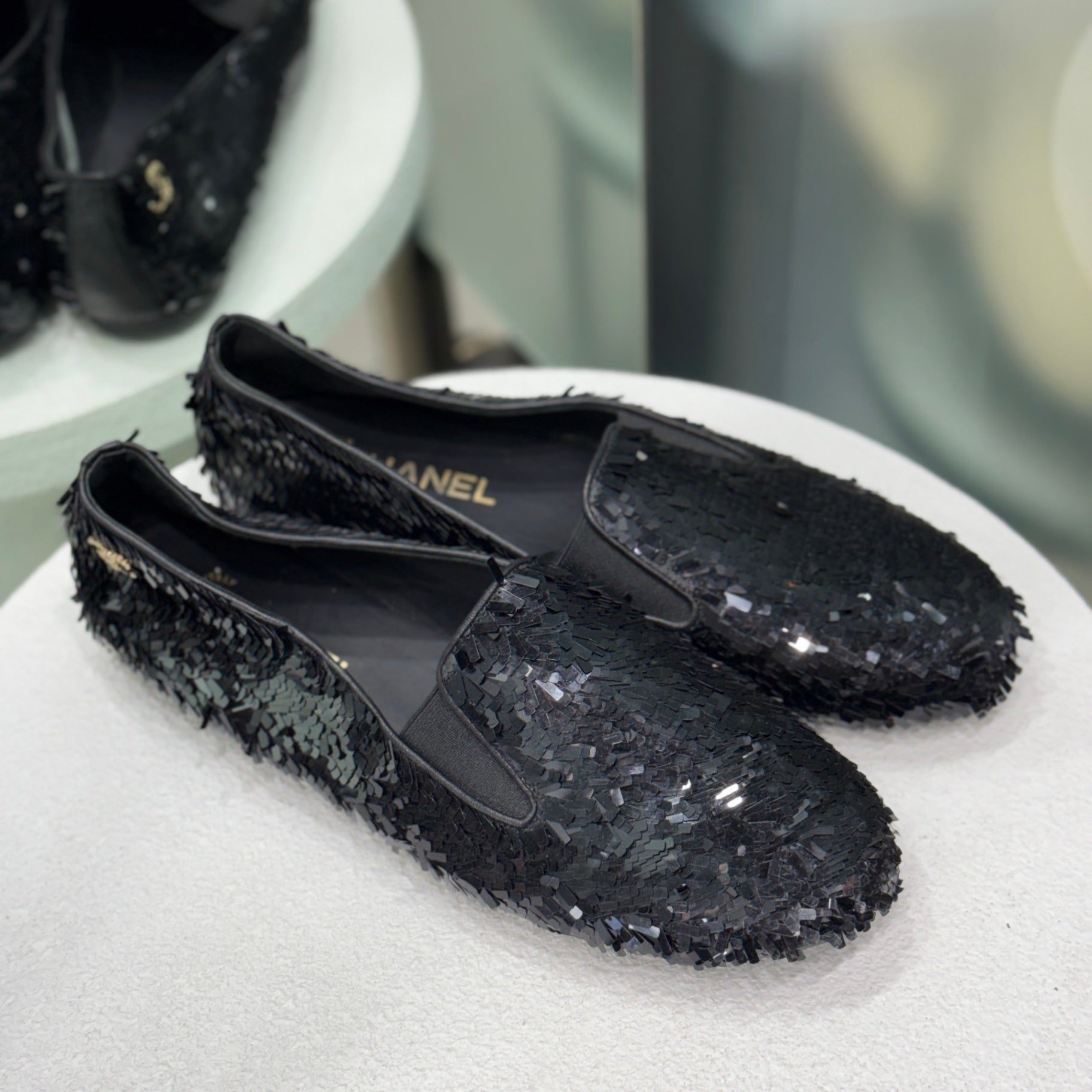 CHANEL Black CC Logo Sequin Flats Sz 41