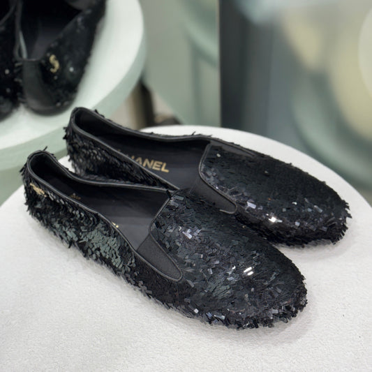 CHANEL Black CC Logo Sequin Flats Sz 41