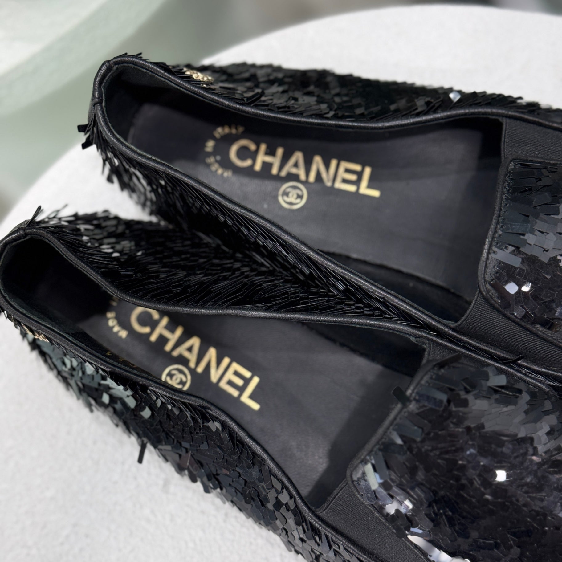 CHANEL Black CC Logo Sequin Flats Sz 41
