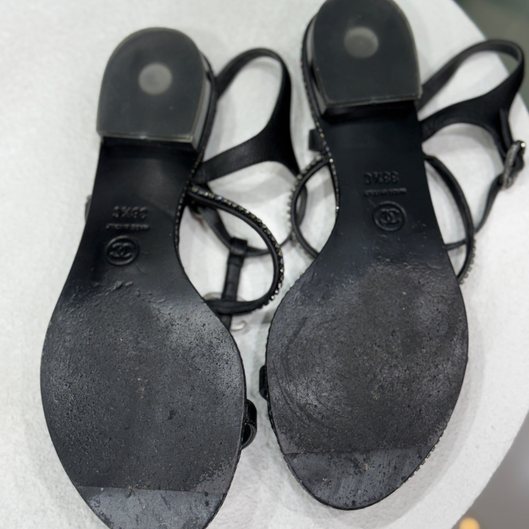 CHANEL Crystal Black Heeled Sandals Sz 38.5