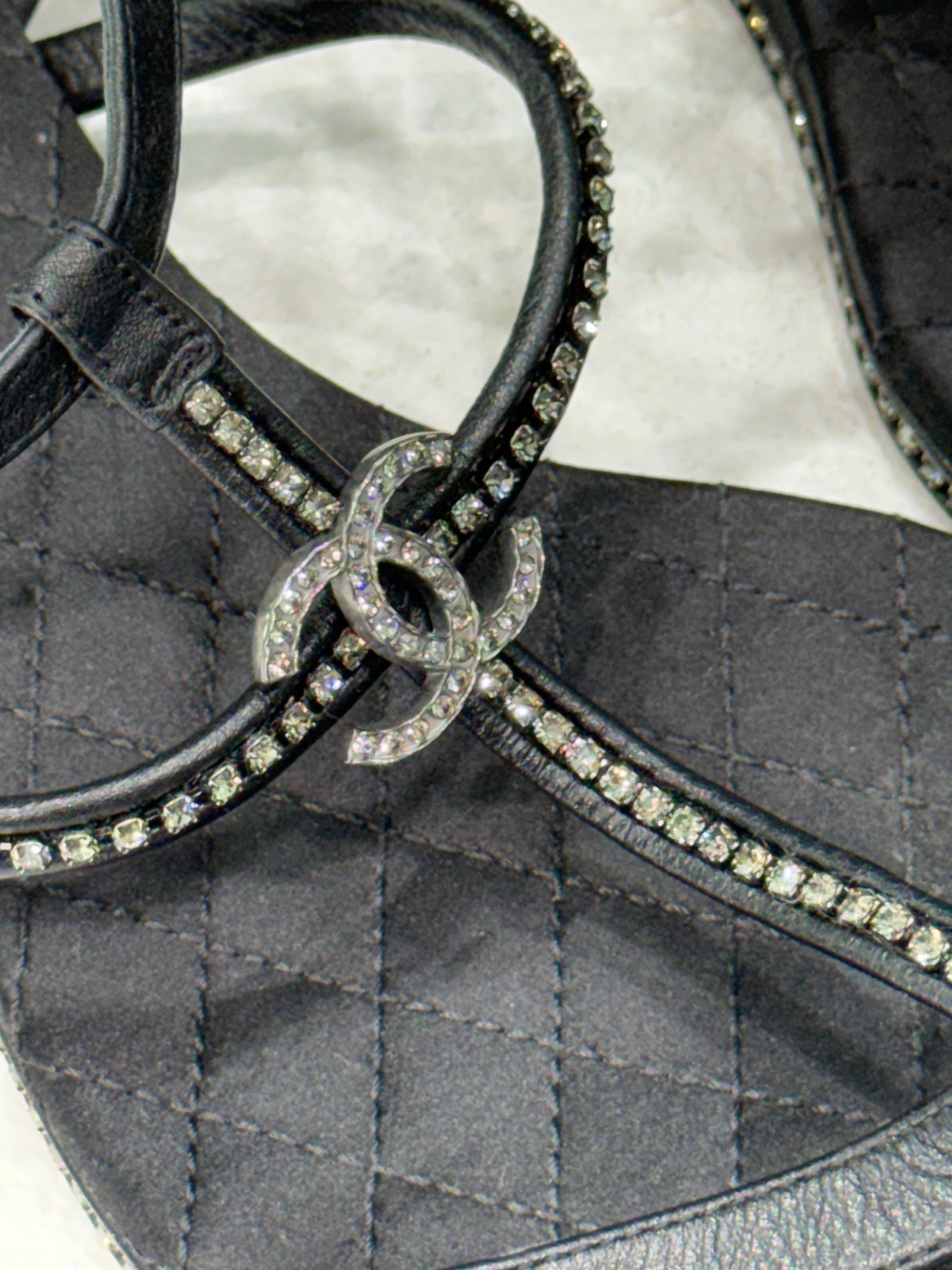 CHANEL Crystal Black Heeled Sandals Sz 38.5