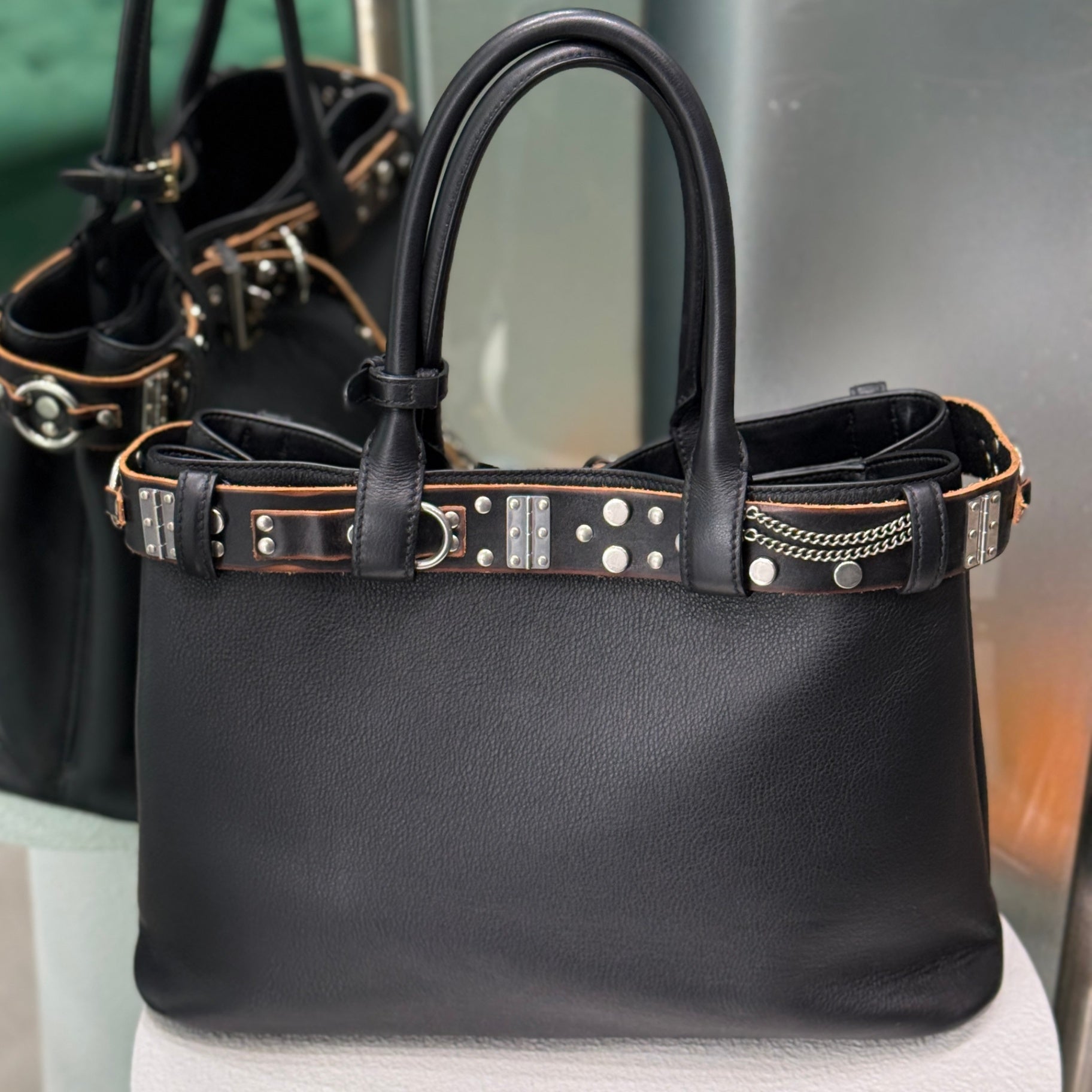 PRADA Buckle Large Leather Bag with Studded Belt