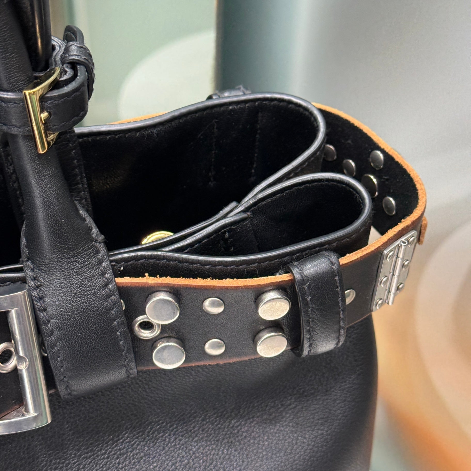 PRADA Buckle Large Leather Bag with Studded Belt