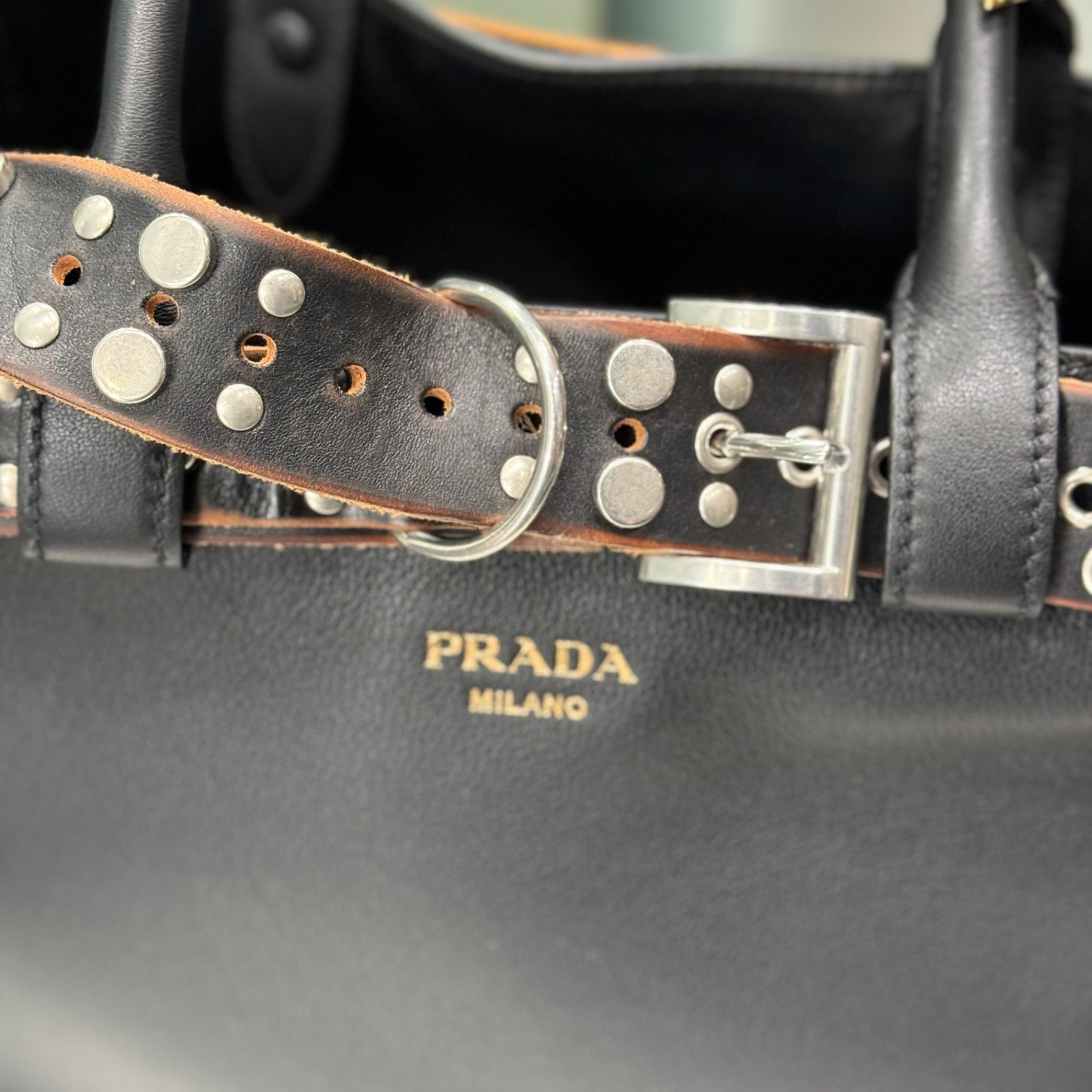 PRADA Buckle Large Leather Bag with Studded Belt